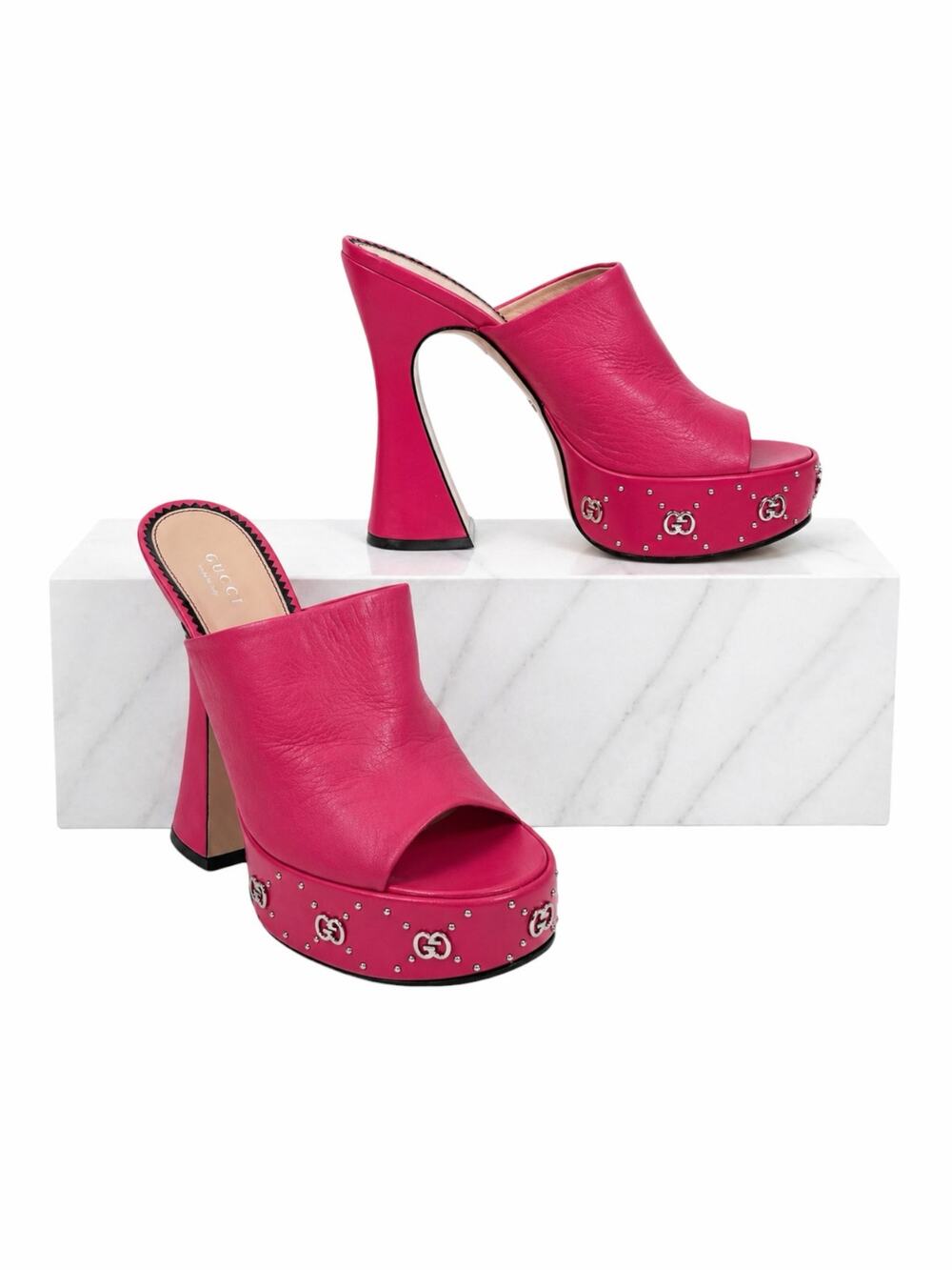 Gucci GG Studs Leather Platform Slide Sandal Rhodamine Pink Size 40